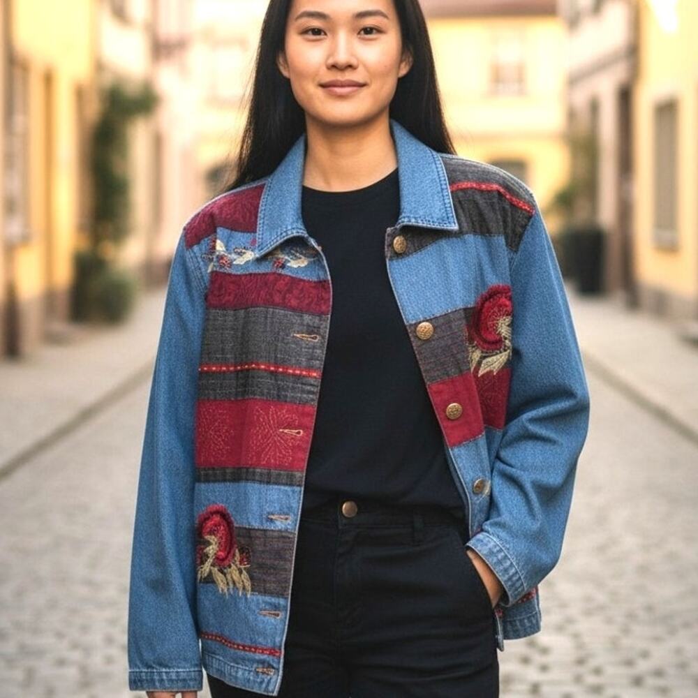 Vintage Patchwork Jean Jacket Blazer 👖❤️💛Embroidered Womens 8 Retro Coat